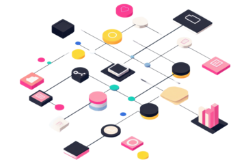 Flowchart illustrating the process of content creation with isometric design, showcasing various multimedia elements and their interactions in a digital environment