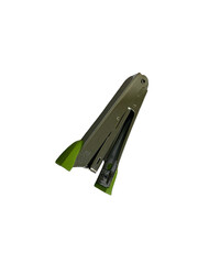 Close-up Still Life of Office Stapler with Green Accent on Black