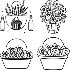 Set of house plants in pots. Collection of different decor house. Plants decorative container and hanging styling indoor basket for potting tree urban garden. Flat cartoon vector illustration.
