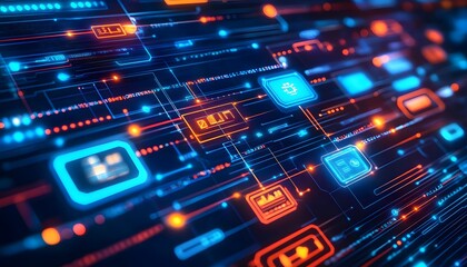 Complex digital network of glowing lines and icons.