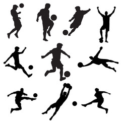 Silhouette set of football players in action—kicking, dribbling, passing, and celebrating. Ideal for sports posters, team graphics, tournaments, and athletic-themed designs.
