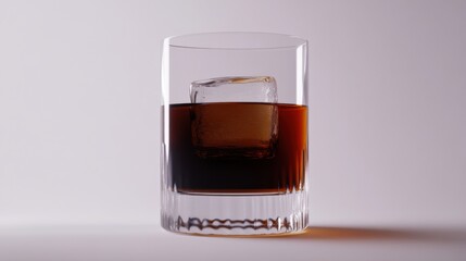 A glass of dark liquor with ice in a clear glass