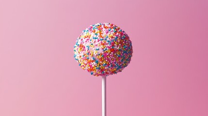 A colorful cake pop covered in sprinkles against pink background