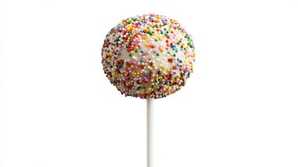 A single round cake pop decorated with colorful sprinkles on a stick