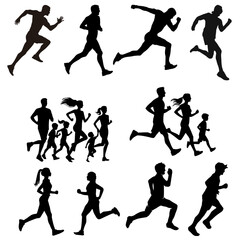 Dynamic silhouette set of runners in various poses, sprinting, jogging, and racing. Perfect for sports, fitness, marathon, and athletic-themed designs and illustrations.

