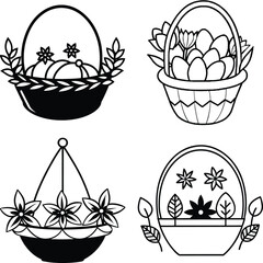 Set of house plants in pots. Collection of different decor house. Plants decorative container and hanging styling indoor basket for potting tree urban garden. Flat cartoon vector illustration.
