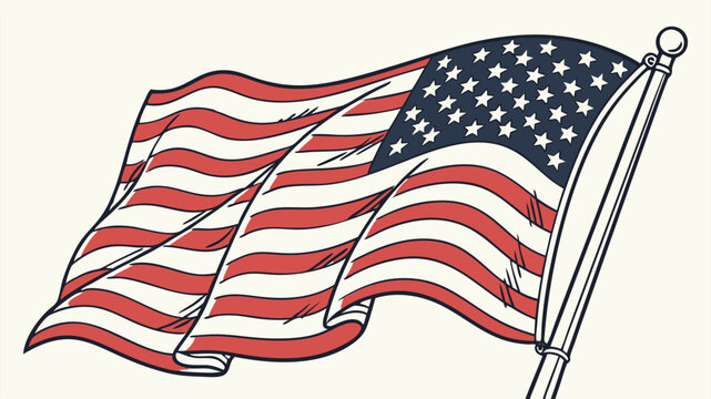 Illustration of a waving american flag with stars and stripes on a pole with a ball on top waving in the wind