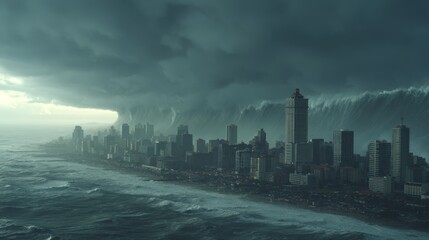 Naklejka premium giant tsunami wave crashing into coastal city, dark skies