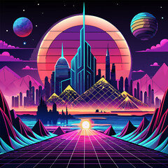 Retro‑Futuristic Surreal Cityscape Vector  Dreamy retro-futuristic city skyline against cosmic skies with neon lighting and floating geometry. Perfect surreal vector for posters, album covers, and sci