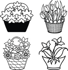 Set of house plants in pots. Collection of different decor house. Plants decorative container and hanging styling indoor basket for potting tree urban garden. Flat cartoon vector illustration.
