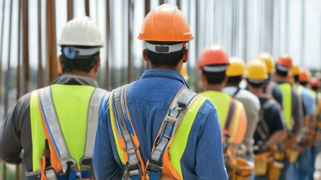 Construction Crew: A row of construction workers in hard hats and safety vests, engaged in a construction project, illustrating teamwork and infrastructure.