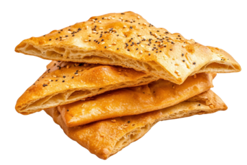 Crackers stacked on a transparent white background showcasing their crispy texture and golden color with sesame seeds sprinkled on top, perfect for snacking any time of day
