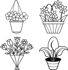 Set of house plants in pots. Collection of different decor house. Plants decorative container and hanging styling indoor basket for potting tree urban garden. Flat cartoon vector illustration.
