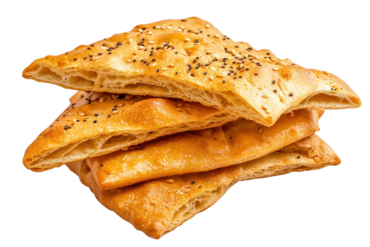 Crackers stacked on a transparent white background showcasing their crispy texture and golden color with sesame seeds sprinkled on top, perfect for snacking any time of day