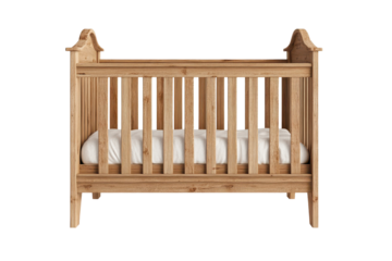 Wooden crib isolated on a transparent background perfect for showcasing nursery designs, child care concepts, or furniture selections for infants