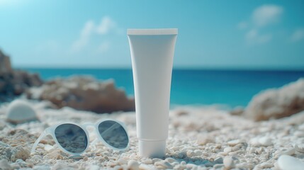 White tube of sunscreen on beach