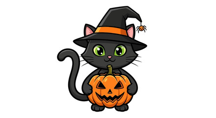 Halloween Cat with Pumpkin - Flat Cartoon