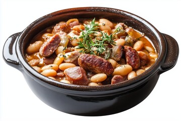 Hearty bean casserole with duck and sausage showcasing rich flavors on a white background