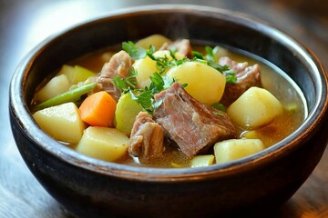 Delicious cawl featuring tender lamb, fresh vegetables, and hearty potatoes served in a rustic bowl