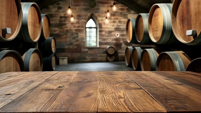 Wooden table in a dimly lit cellar surrounded by wine barrels, Wooden table with blurred background of wine barrels in cellar