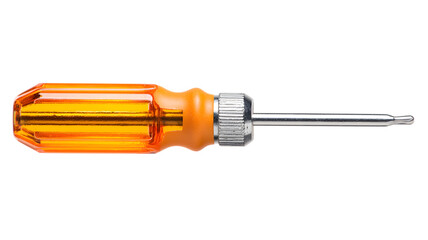Close up image of an isolated orange handled screwdriver on a black background representing tools and repair equipment