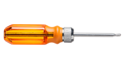 Close up image of an isolated orange handled screwdriver on a black background representing tools and repair equipment