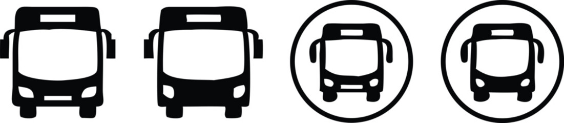 Bus black flat icon set. Public transport symbol. Vector