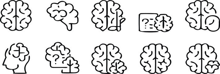 Brain different line icons set. Mind, intelligence symbol. Vector