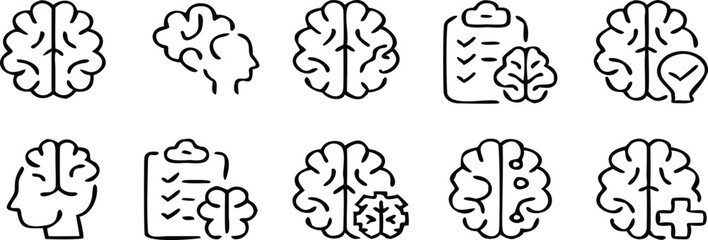 Brain different line icons set. Mind, intelligence symbol. Vector