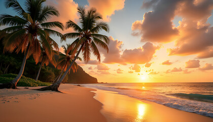 Fototapeta premium Sunset at a tropical beach in the Caribbean 