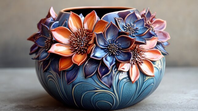 Decorative ceramic vase with sculpted flowers