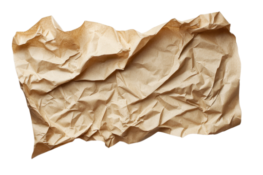 Crumpled brown paper isolated on a transparent background highlighting its texture and form for creative applications or artistic expressions