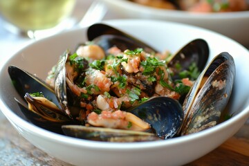 Cockle and mussel medley served beautifully in a simple seafood presentation with fresh herbs and garnishes, perfect for a casual dining experience at coastal restaurants
