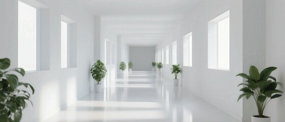 Fototapeta premium Minimalist White Corridor with Plants and Windows