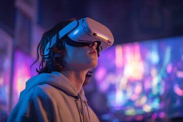 Teenager attending a virtual reality concert at home, wearing a VR headset, vibrant holographic effects in dark room, futuristic tech-loving youth lifestyle 