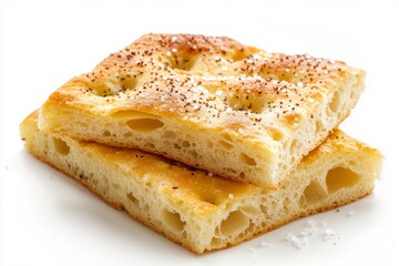 Delicious focaccia genovese bread with dimpled olive oil surface and coarse salt, presented on a clean white background for a culinary showcase