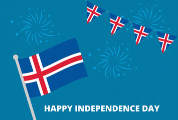 Iceland independence day flag with fireworks illustration for celebrating freedom