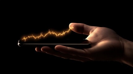 A hand is holding a glowing stock market indicator on a phone