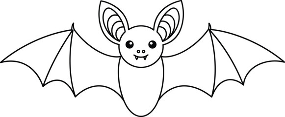 Cute Bat Line Art Vector – Halloween Cartoon Animal Outline for Kids and Crafts