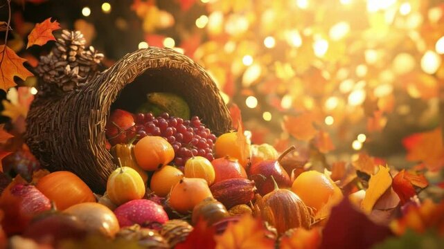 Harvest Bounty: A cornucopia overflowing with a vibrant array of seasonal produce amidst autumnal leaves. Reflecting on the abundance of the season, this image evokes feelings of warmth and gratitude.