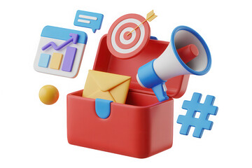 Digital Marketing Toolbox 3D Render with Growth Chart Email and Hashtag