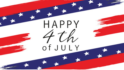 Happy fourth of july greeting card with red and blue brush strokes and white stars on a white background