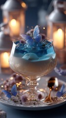 dreamy garnish Panna Cotta with blueberry jelly serve in glass with sugar butterfly