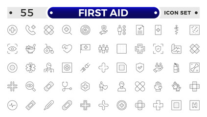 First Aid outline icon set. Emergency kit icon set. Vector objects set of survival emergency kit for evacuation or disasters.