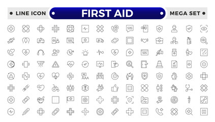 First Aid outline icon set. Emergency kit icon set. Vector objects set of survival emergency kit for evacuation or disasters.