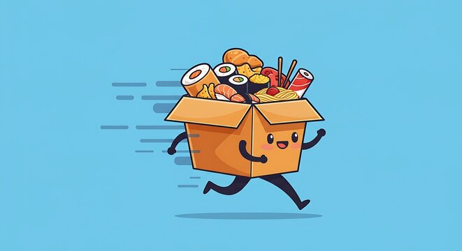 Kawaii food delivery box mascot running