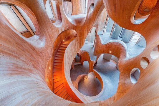 Intricate wooden spiral staircase. Interior architectural design. Light-toned wood forms organic curves and openings. Multiple levels. High angle view