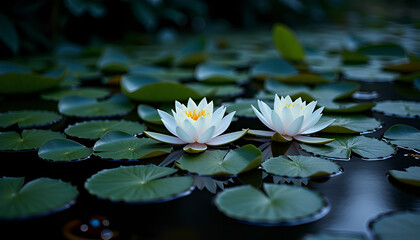 White Water Lilies Floating on Dark Pond at Night with Sparkling Lights
