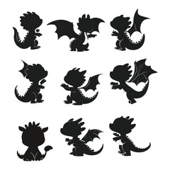 Set of cute baby dragon character silhouettes in various poses.