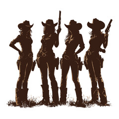 Group of four cowgirls with guns in a vintage western style.